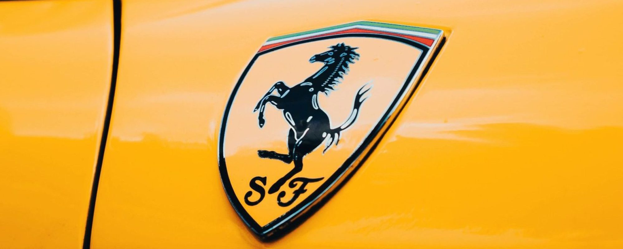 Detailed close-up of a Ferrari logo.